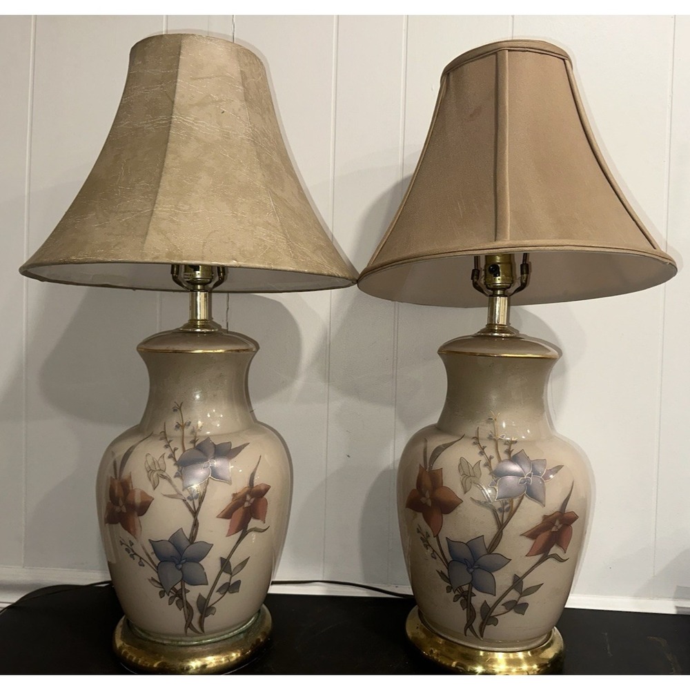 Vintage Floral Ginger Jar Table Lamps Matching Pair Brass Base Asian Style 28.5"